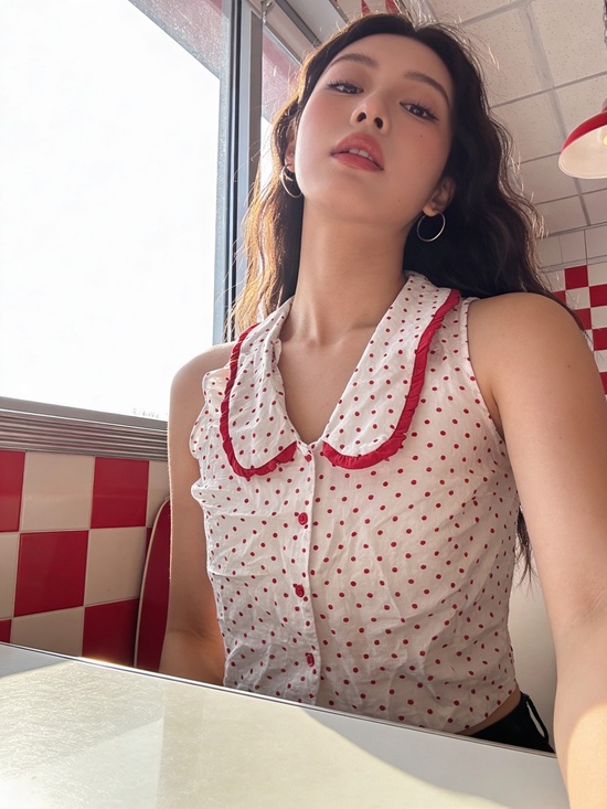 Monteau Tops - Monteau White Sleeveless Polka Dot Blouse with Red Trimmed Collar
